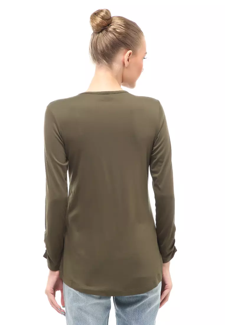 Kaos Wanita Lengan Serut Motif Solid Design Simple Relaxed Fit - Army Green