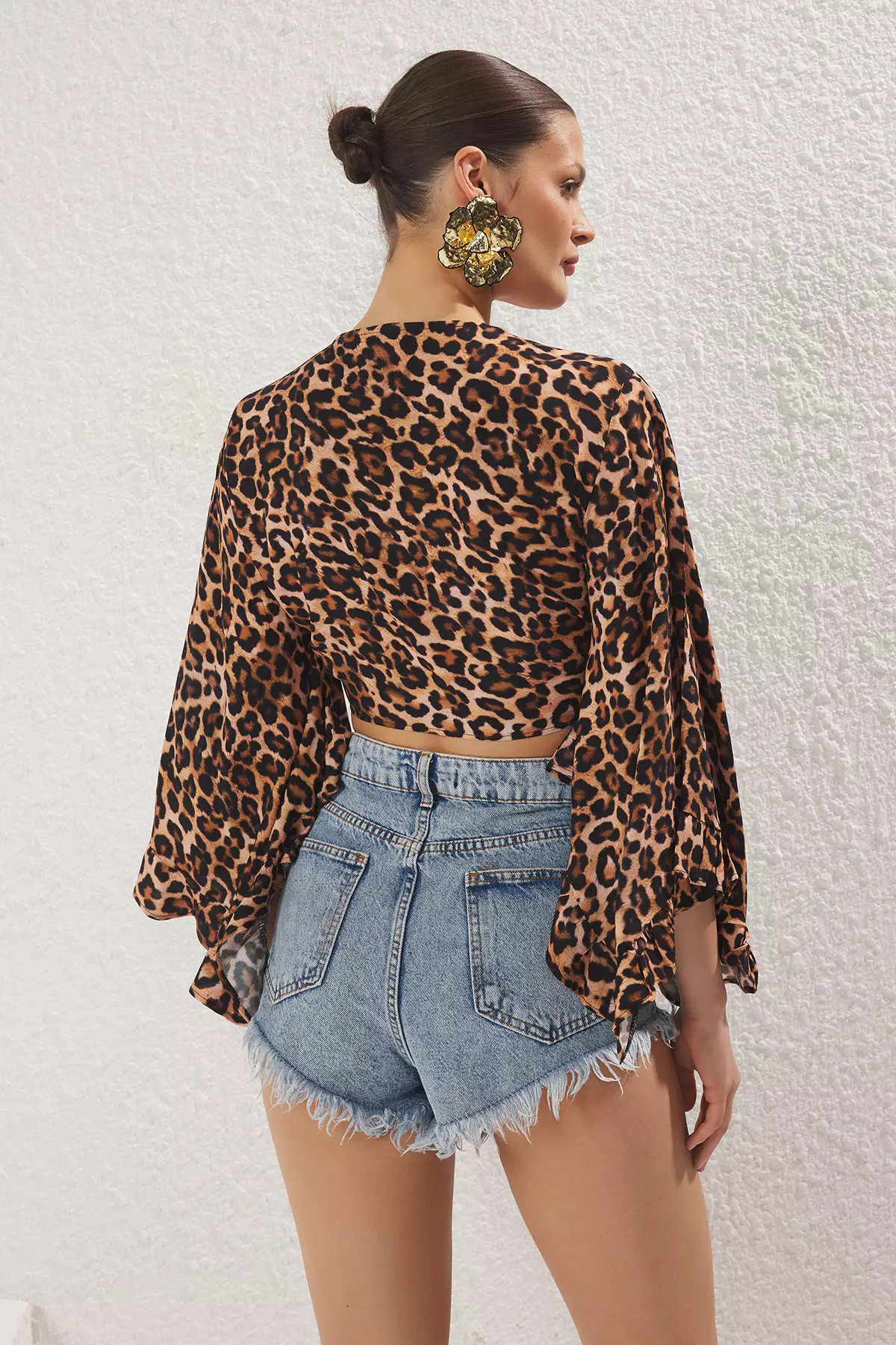 Leopard Print Crop Woven Flounce Beach Blouse