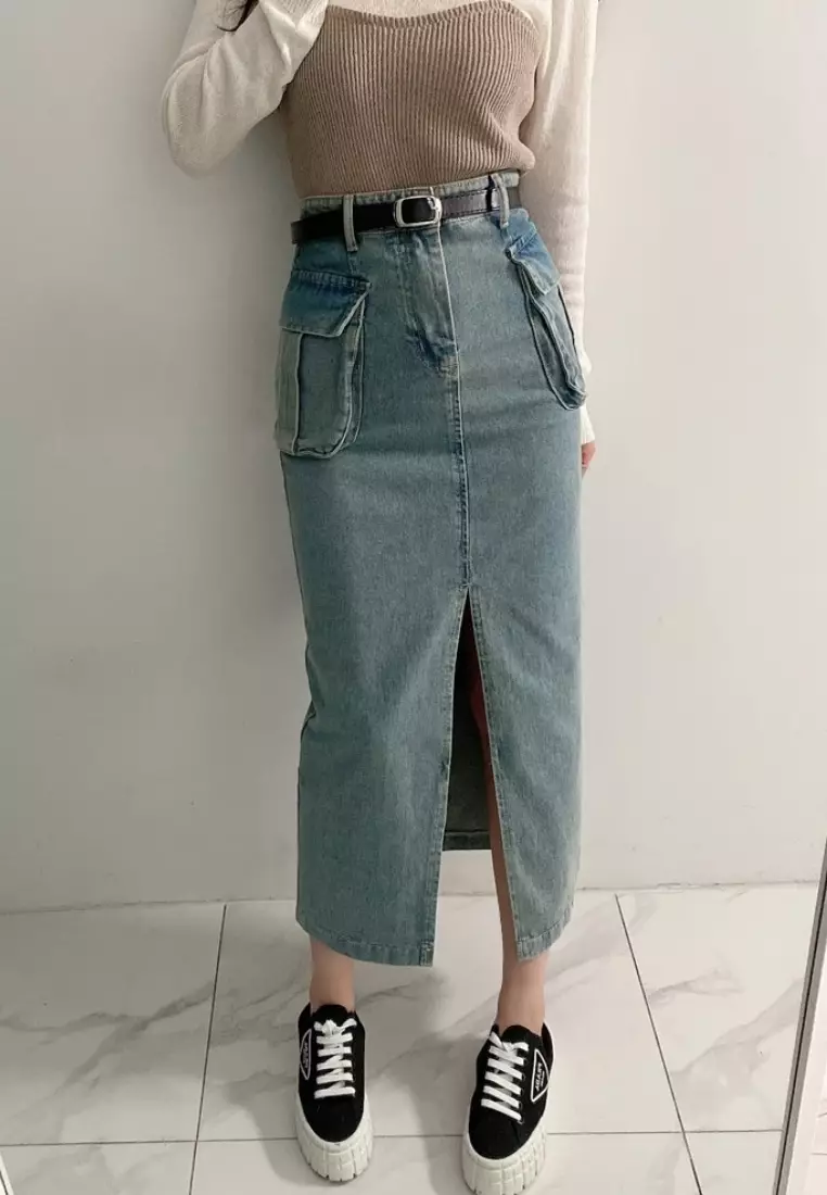 Korean style casual slit denim maxi skirt CA26033034BL