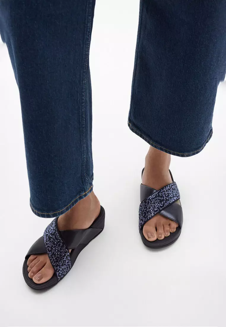 LULU Women's Crystal-Mix Metallic Cross Slides - Midnight Navy (JE2-399)