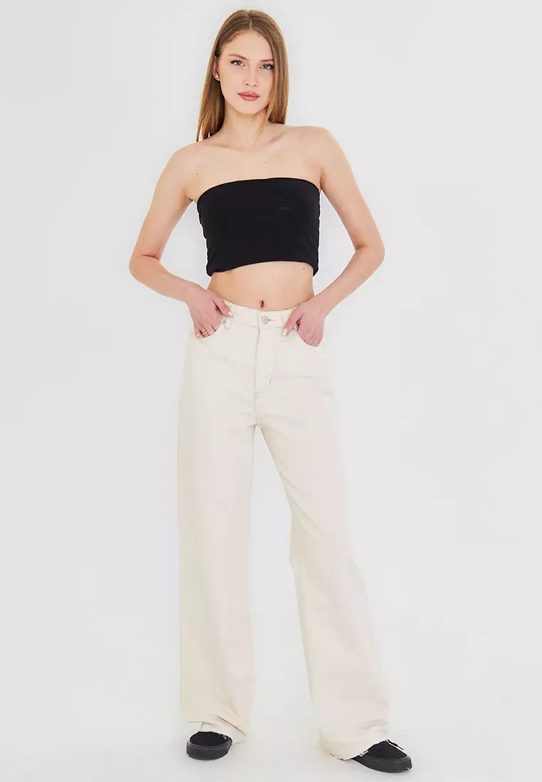 Ecru Cut-Off High Waist Straight Jeans TWOAW25JE00378