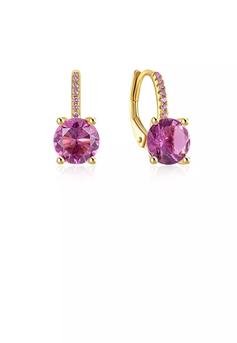 925 Sterling Silver Plated Gold Simple Brilliant Geometric Round Earrings with Purple Cubic Zirconia