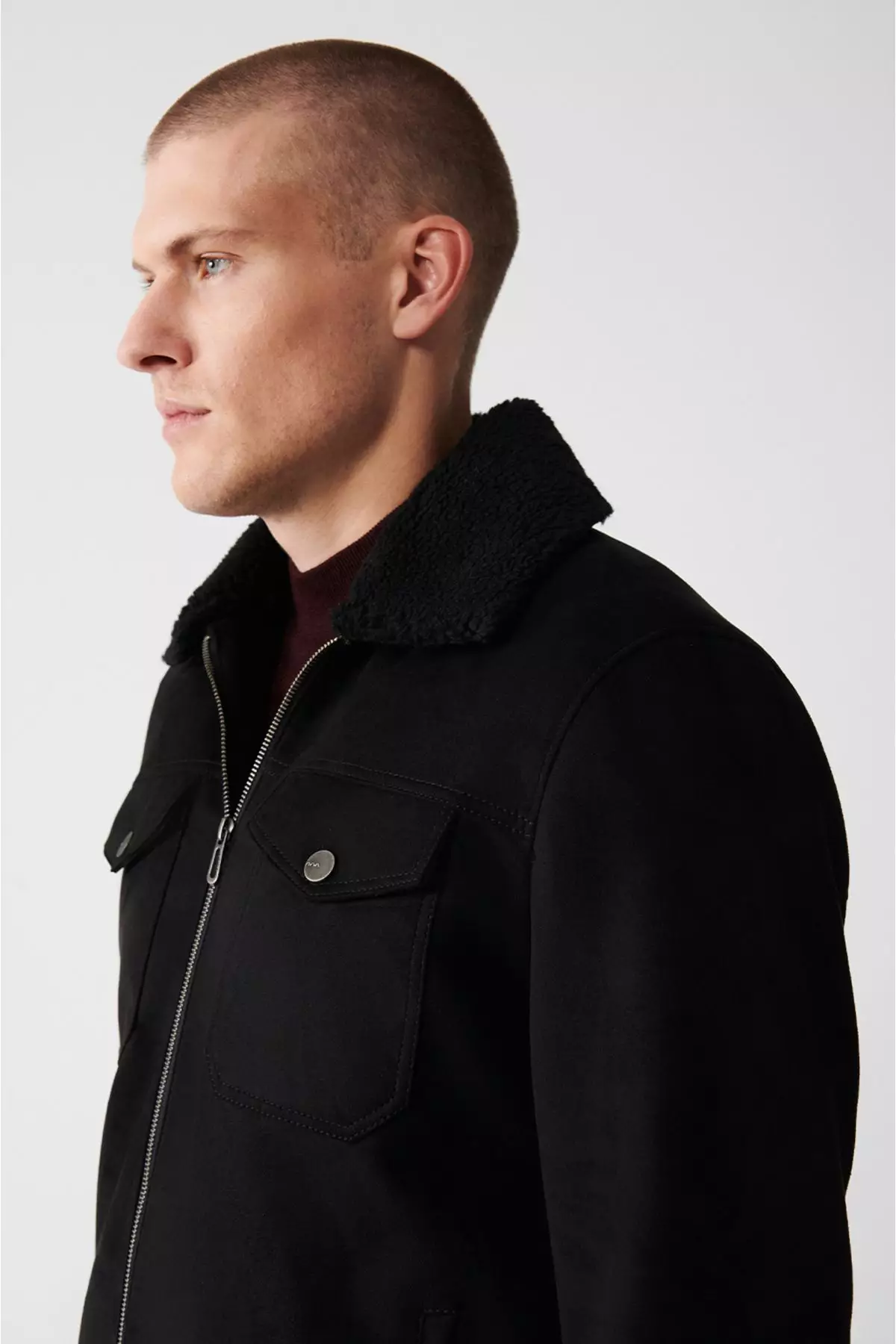 Buy Avva Men's Black Fur Collar Zippered Fiber Coat A32Y6140 2025