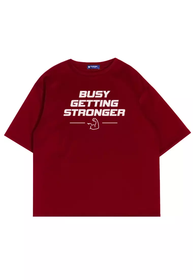 MTQ19 kaos oversize gym pria distro bahan tebal scuba busy getting stronger merah maroon