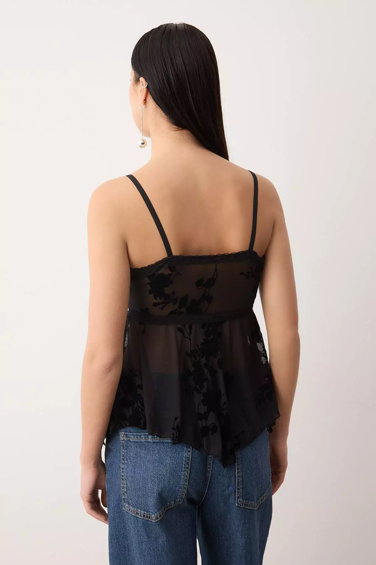 Black Floral Flywheel Detailed Tulle Party Blouse Tpraw26Bz56