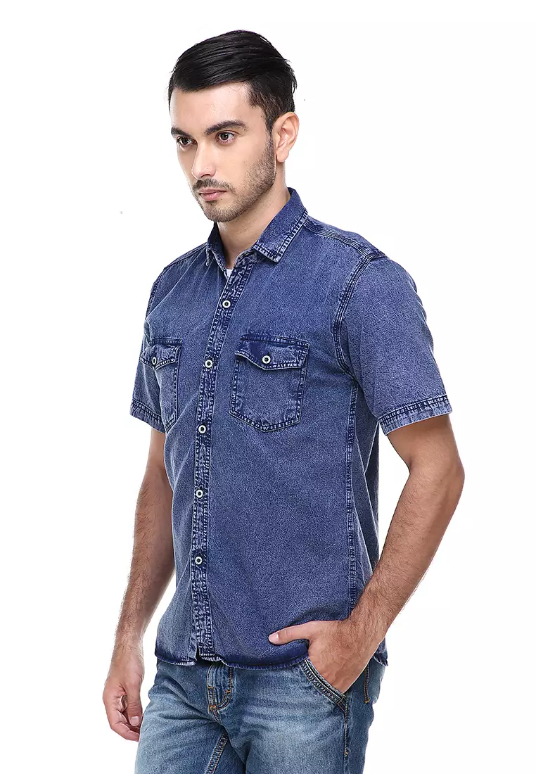 Dwan Casual Shirt Baju Kemeja Jeans Pria Lengan Pendek Material Denim ORIGINAL - Navy