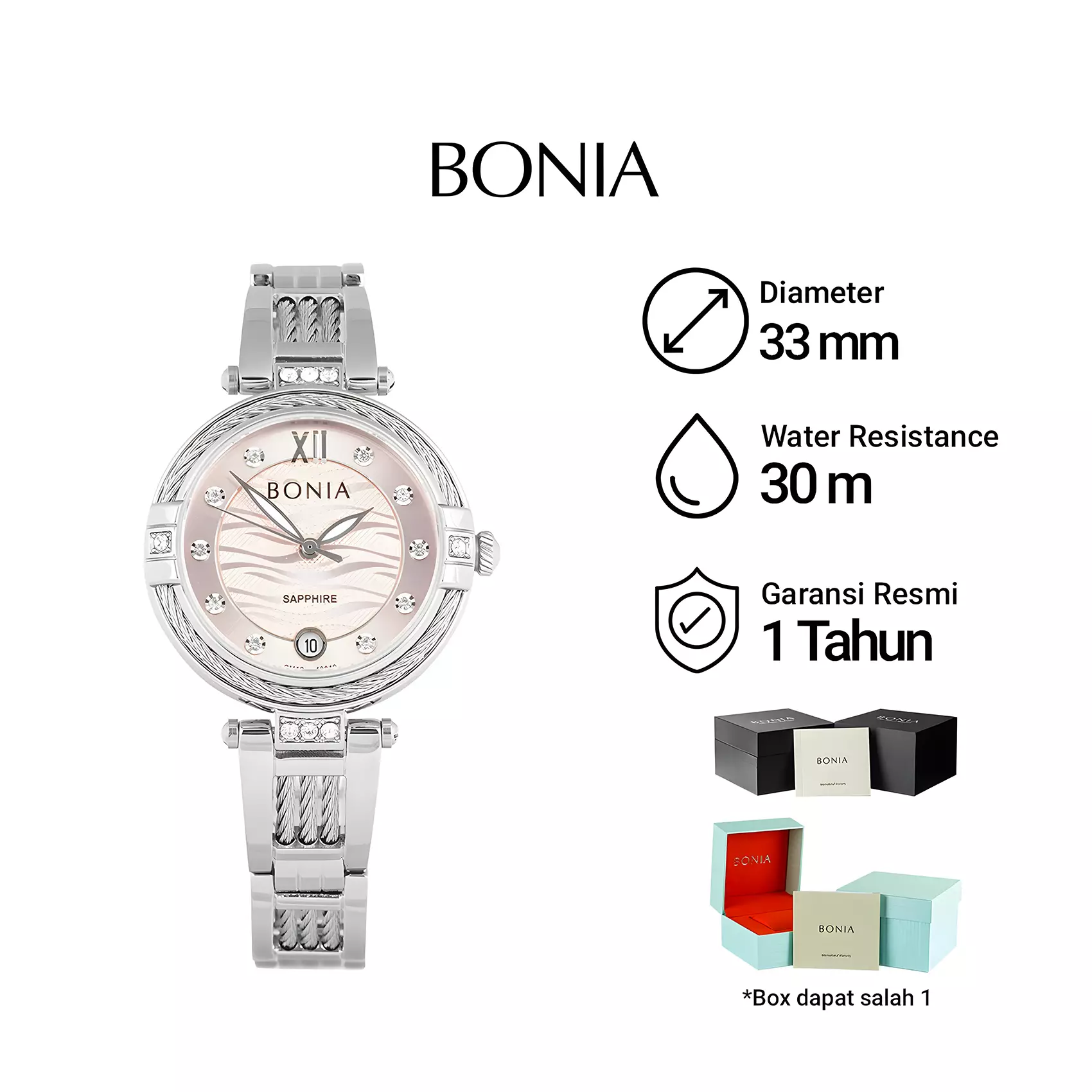 Bonia - Jam Tangan Analog Wanita Sapphire Glass - Silver Case Pink Dial - All Stainless Steel - B10849-2377S
