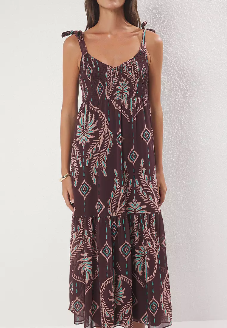 Brown Shawl Pattern Skirt Waist Opening Gipel Maxi Woven Dress TWOSS25EL00710