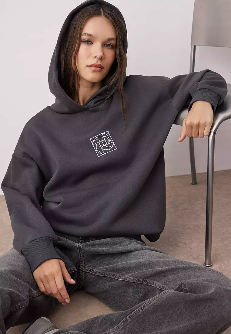 Anthracite Oversize/Wide Pattern Embroidered Thick Inside Polar Fleece Knitted Sweatshirt