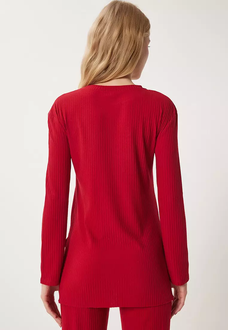 Comfortable Ribbed Knitted Blouse Trousers Set