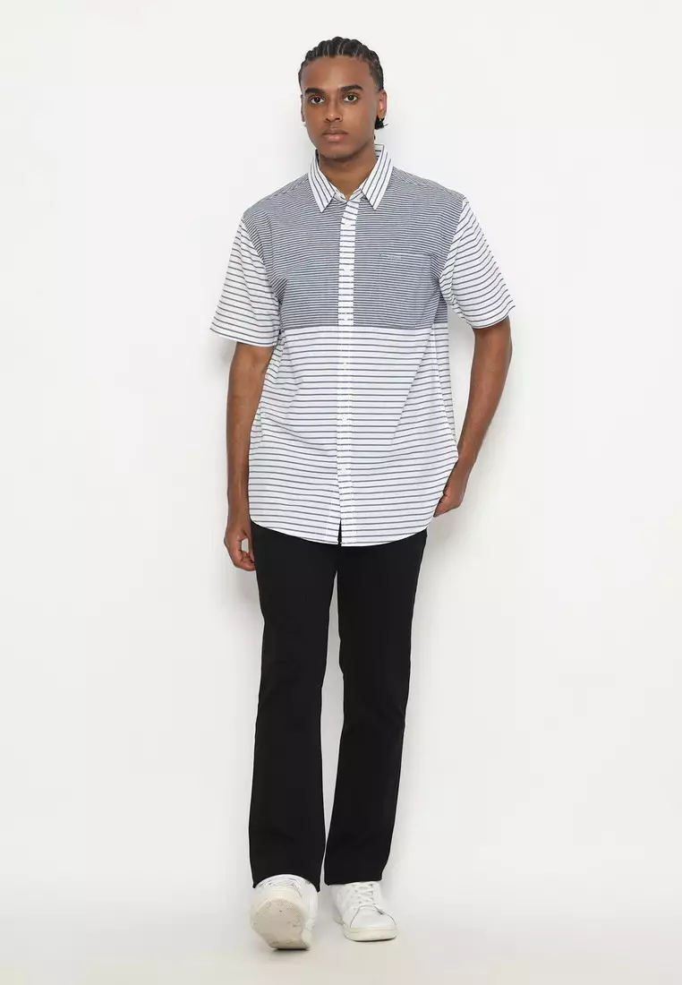 RBJ Kemeja Salur Kombi Biru Putih Regular Fit Pria