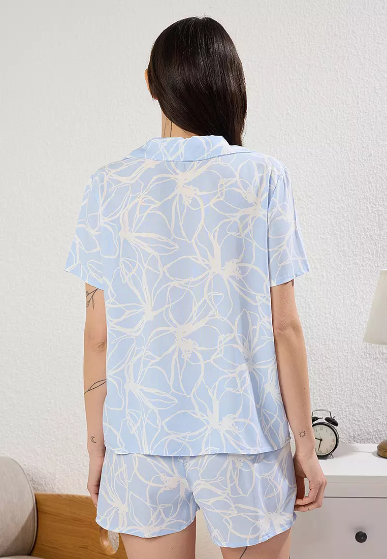 Blue Floral Shorts Woven Pajama Set