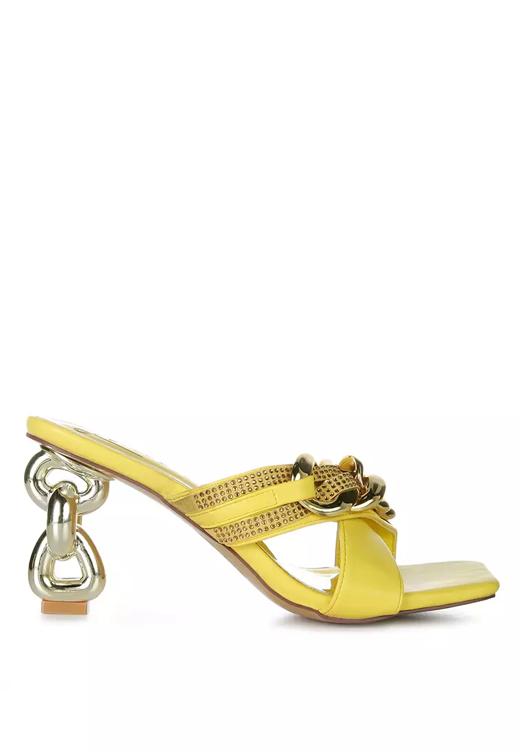 Discount on London Rag  shoes - SKU: Yellow Metallic Chain Heeled Diamante Sandals