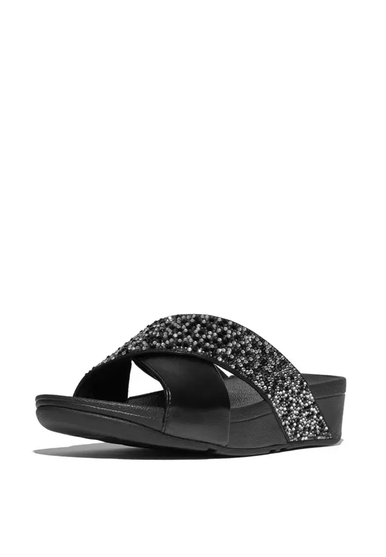LULU Women's Crystal-Mix Metallic Cross Slides - All Black (JE2-090)