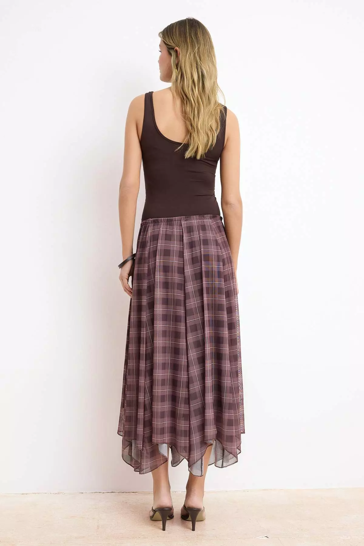 Multicolor Plaid Skater Normal Waist Midi Tulle Knitted Skirt Twoss26Et151