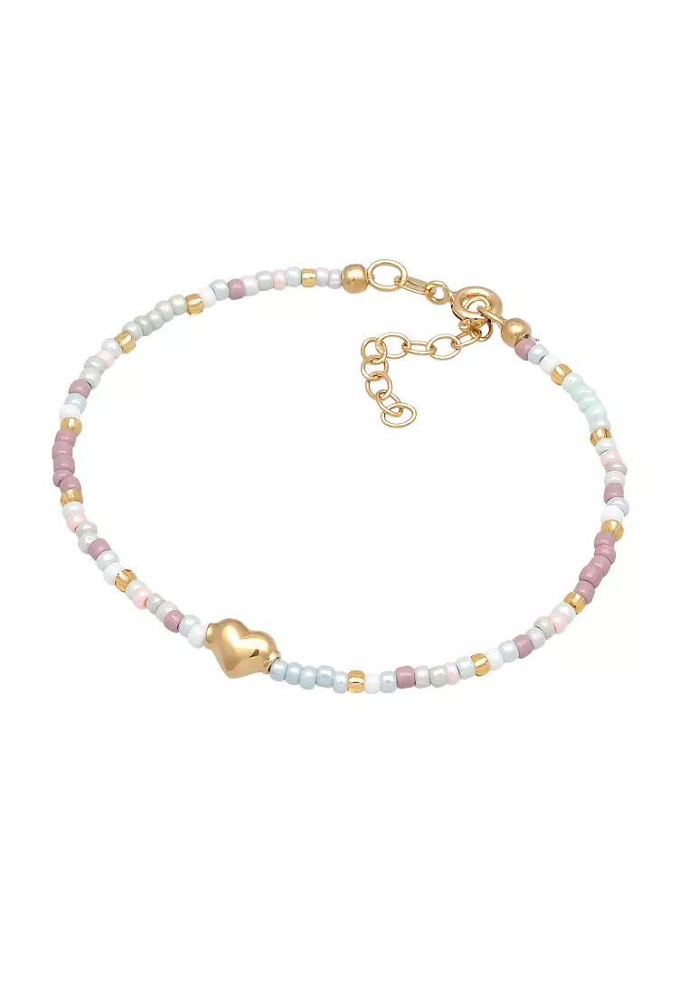 Gelang Perhiasan Perak 925 Wanita Heart Pendant Glass Beads Summer Colourful Gold Plated
