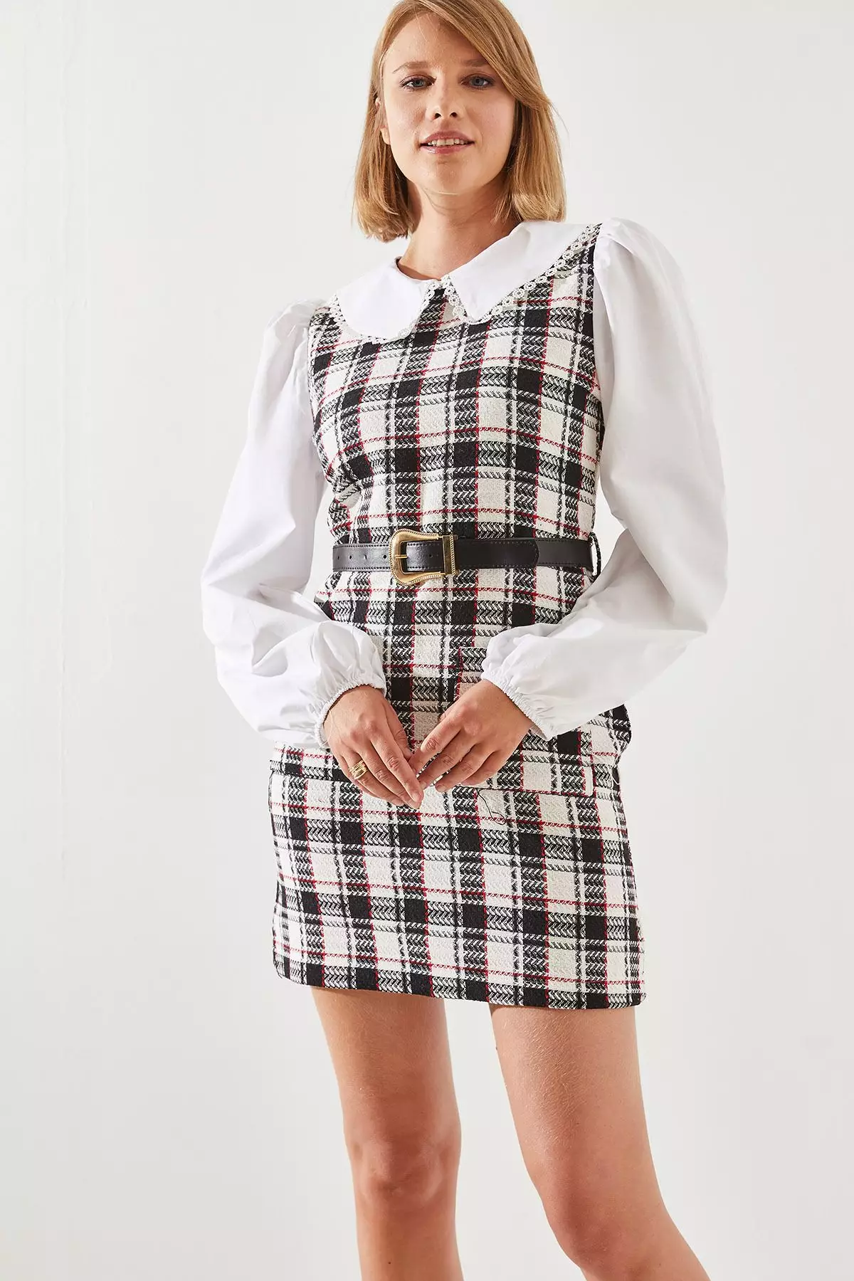 Women's Belted Plaid Patterned Collar Dress