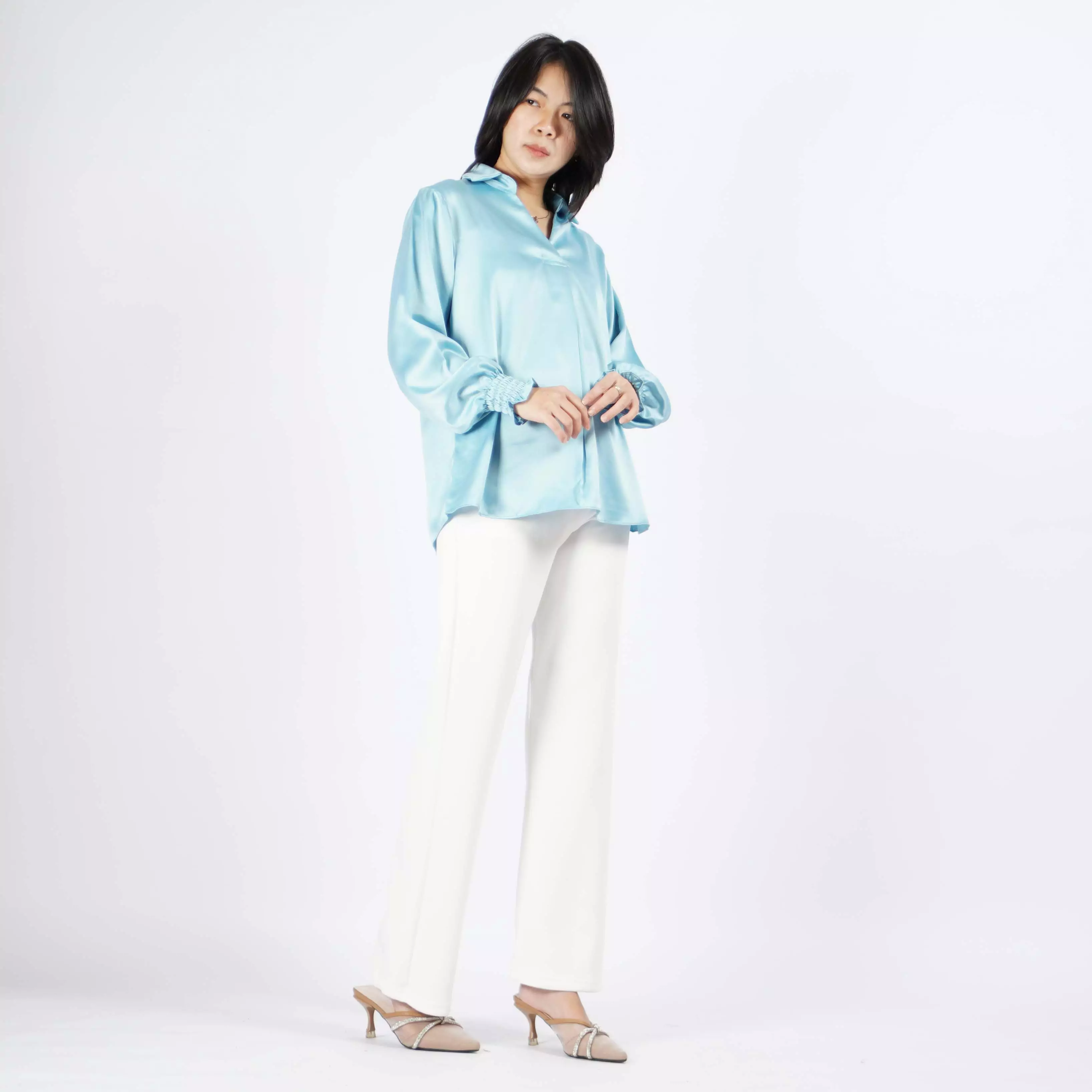  SAFIRE Top Satin Blouse Satin Gaya Korea Blus Elegan Krah V - Mint