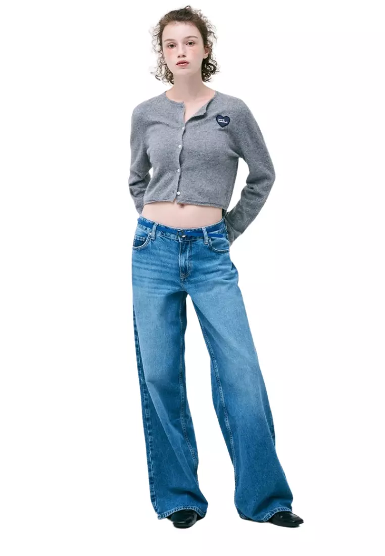 Raccoon Blended Cropped Cardigan Heart Logo - Grey