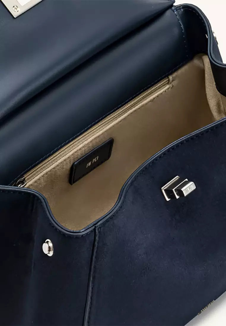 Lucia Classic Faux Suede Top Handle Bag - Navy