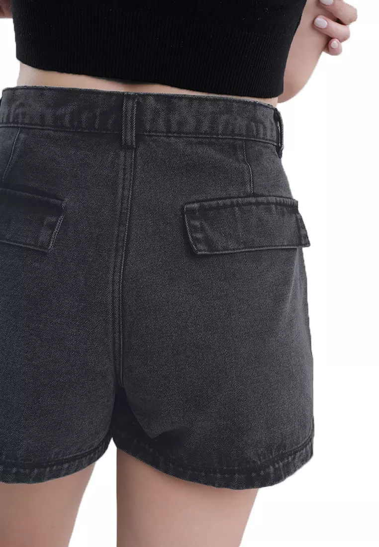 Button Front High Waist Acid Wash Denim Shorts