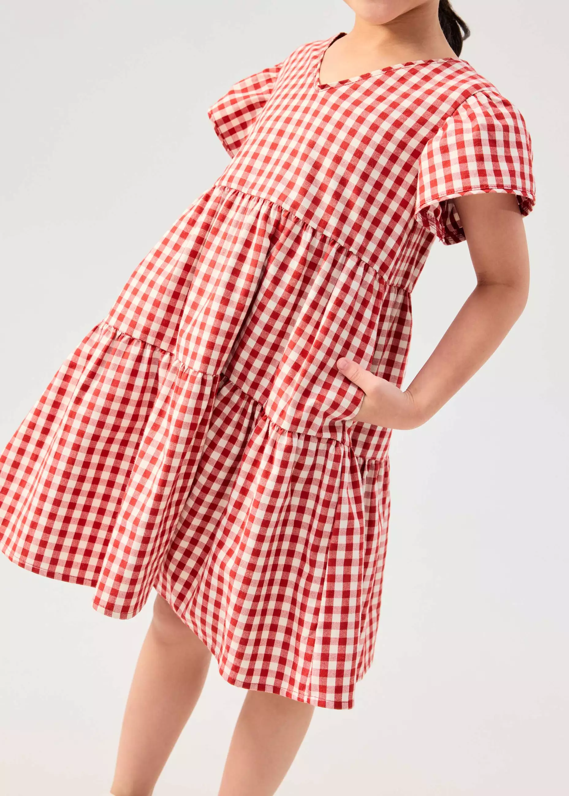Dress Anak - Girls' Tiered Gingham Cotton Cap Sleeve Trapeze Dress