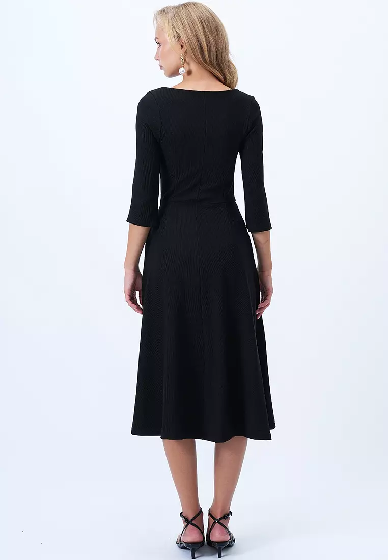 Boat Neck Flared Midi Dress