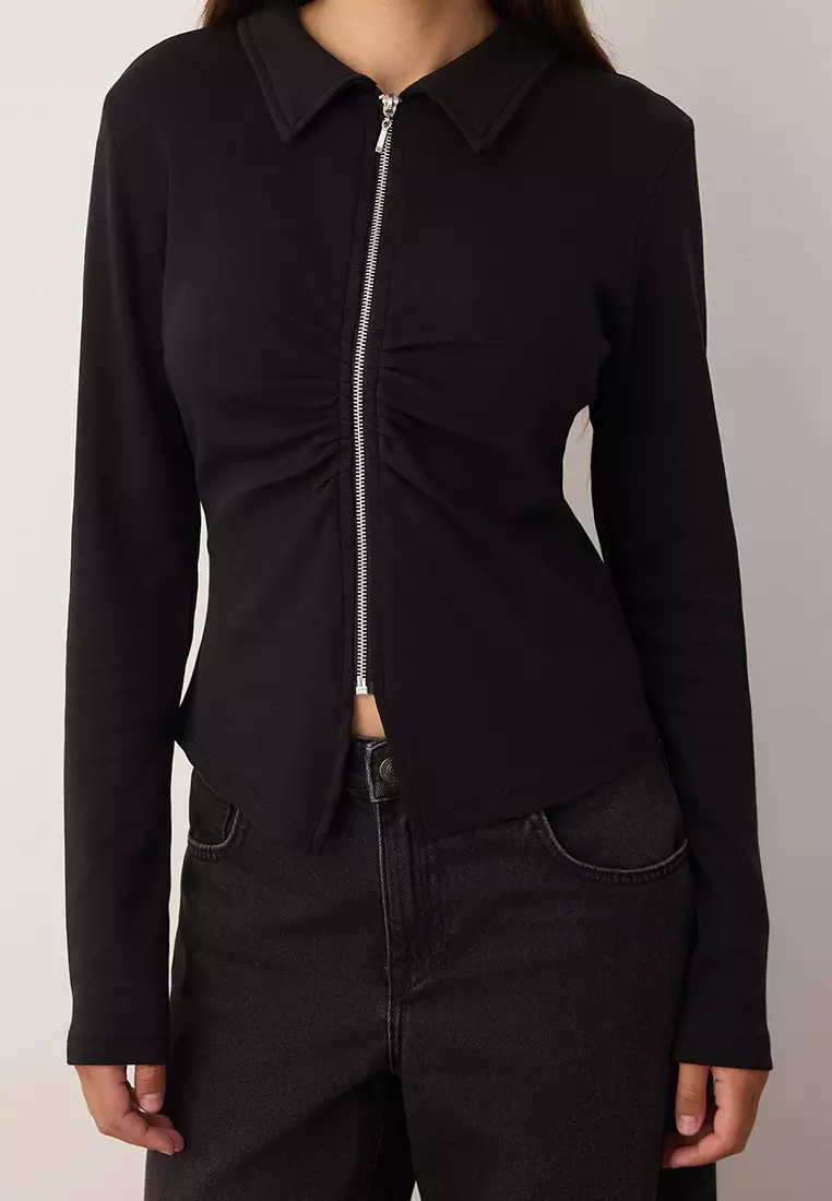 Black Polo Collar Zippered Gathered Body-Smoothing Flexible Knitted Blouse Twoaw26Bz00169