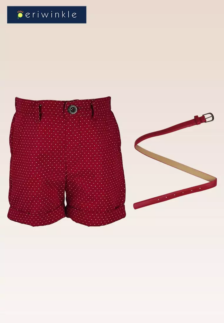 Carly Girls Red Dobby Print Shorts Turn-up Bottom Hem