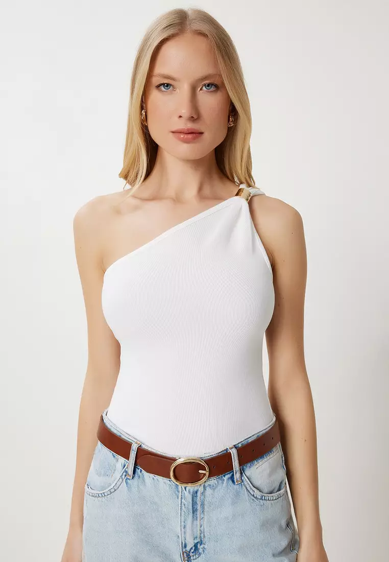 Women's Bone Gold Accessory Flexible Ribbed Knitted Blouse Fw00011