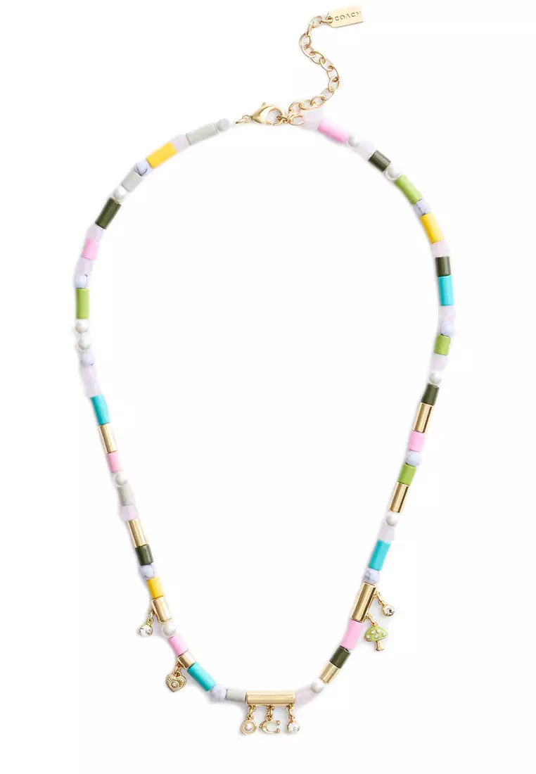 Heart Multi Charm Beaded Necklace in Gold/ Multi CV264