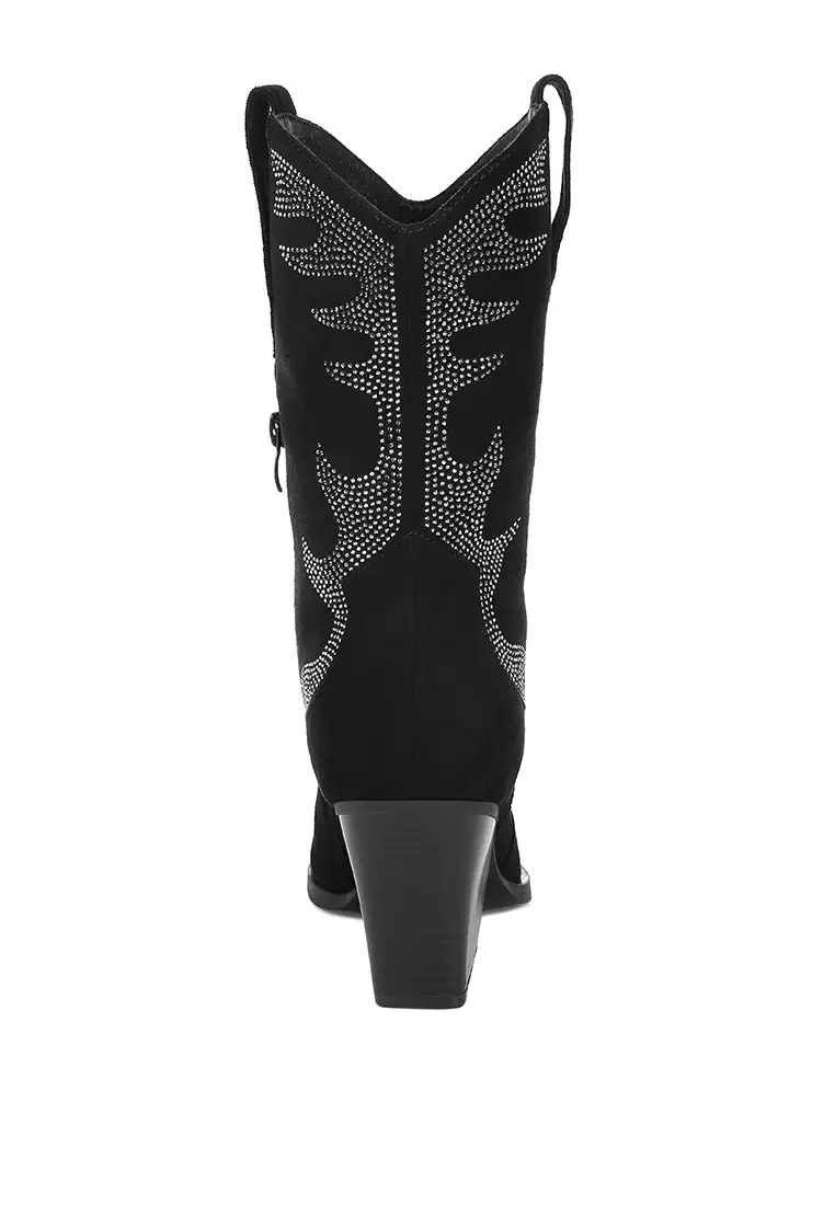 Rhinestones Embellished Calf Boots in Black