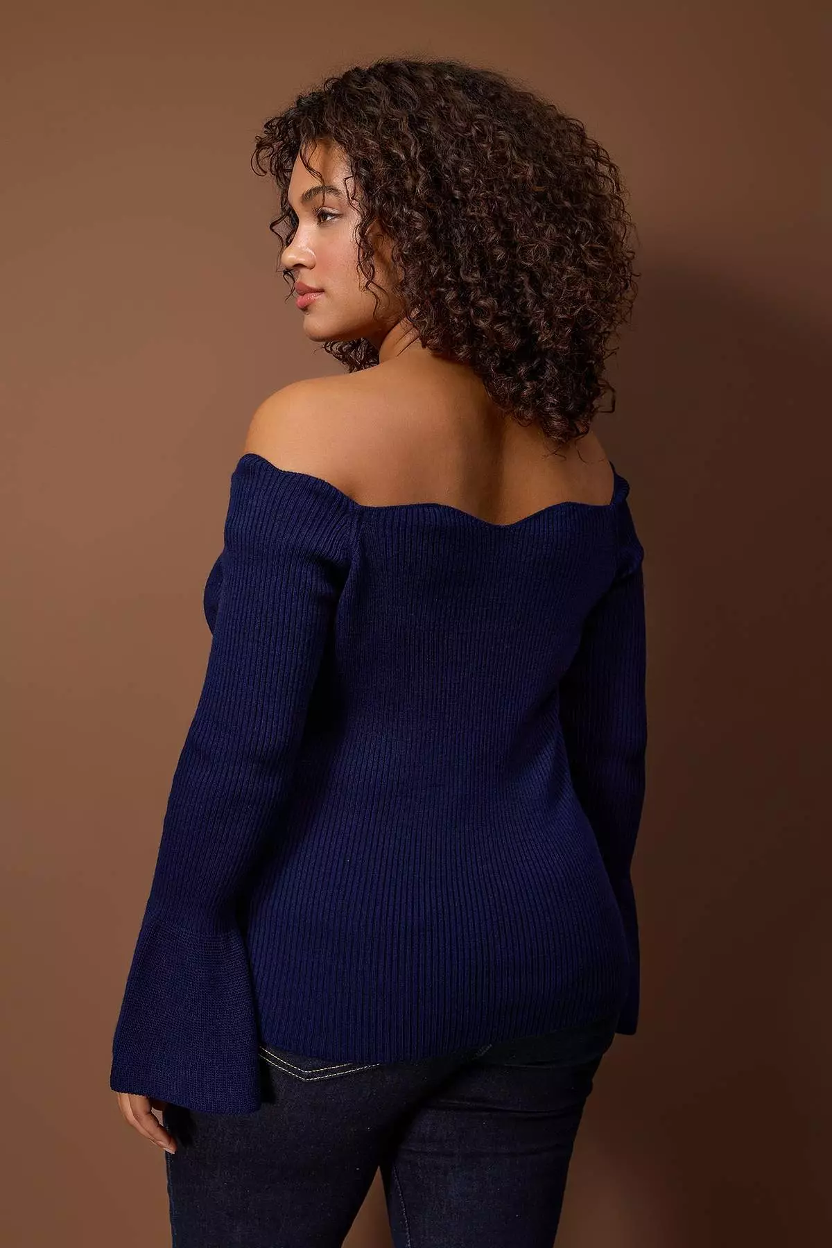 Navy Blue Corded Fabric Carmen Collar Knitwear Sweater Tbbaw26An00031