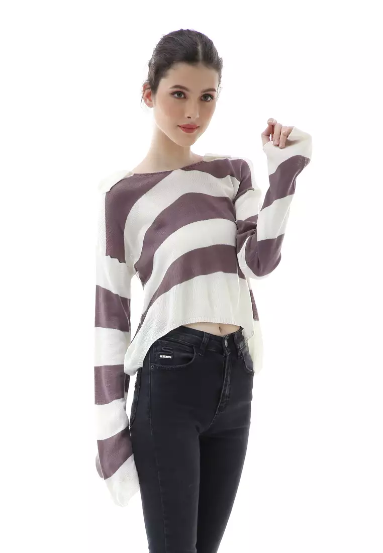Vilia Rajut Crop Atasan Wanita Oversize Motif Stripe Garis Relaxed Fit - Burgundy