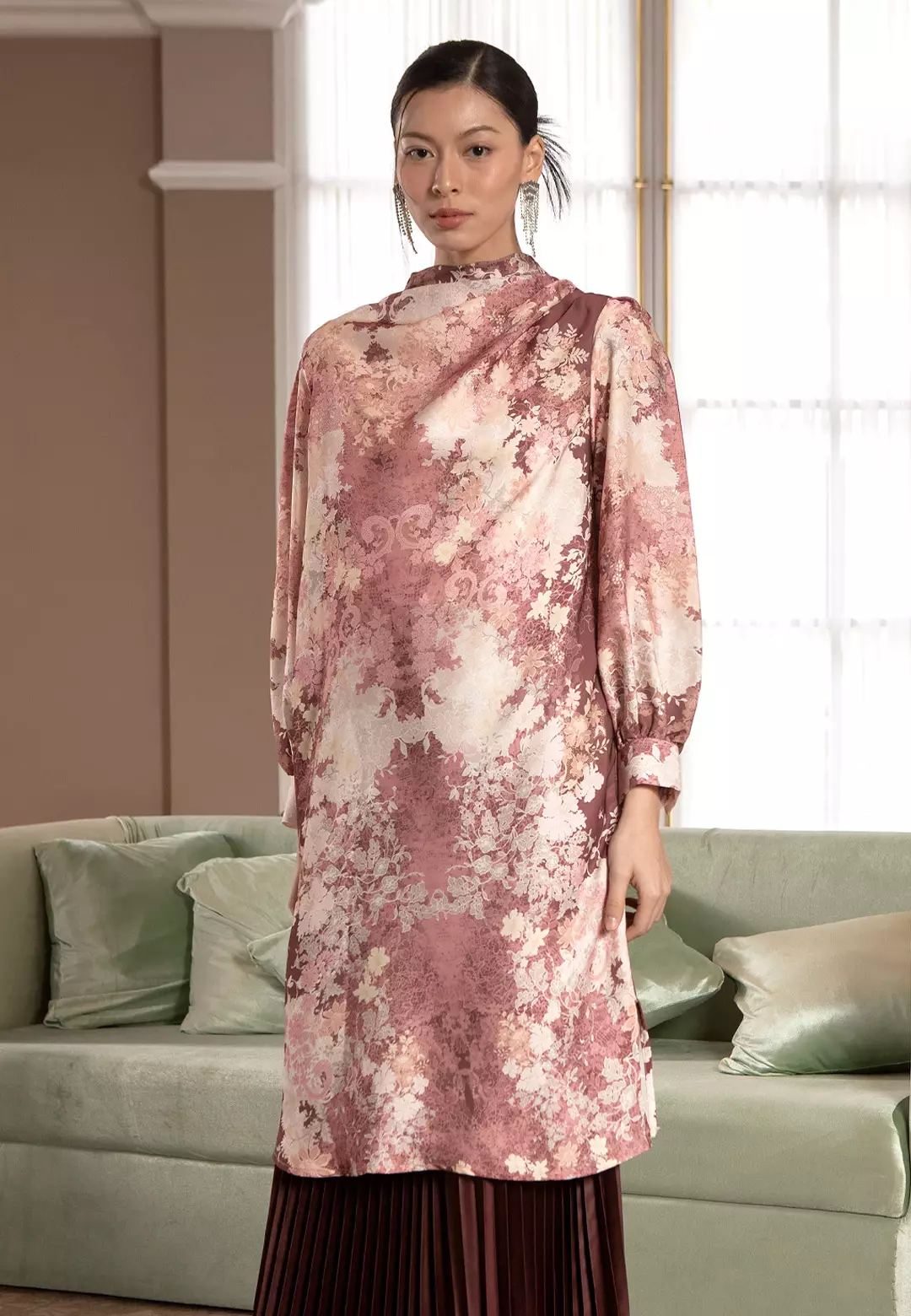 HijabChic Edeline Tunic Rosewood - Baju Lebaran Motif Floral Elegan