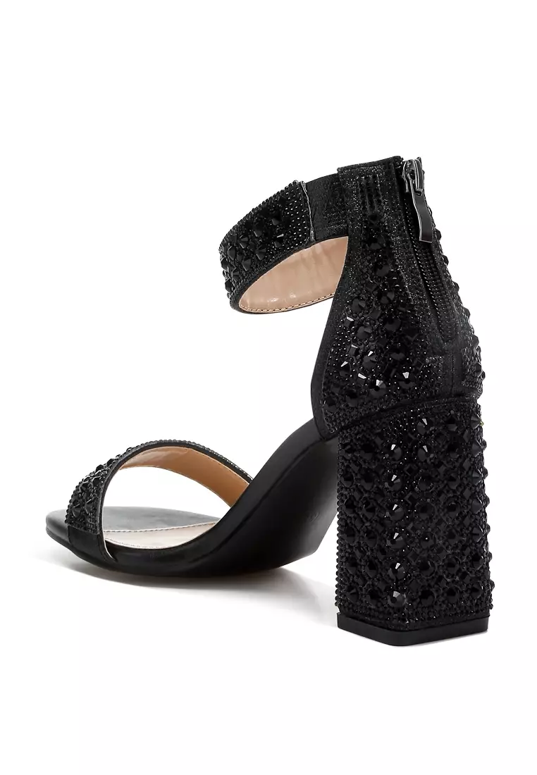 Rhinestones And Sequins Block Sandals in Black
