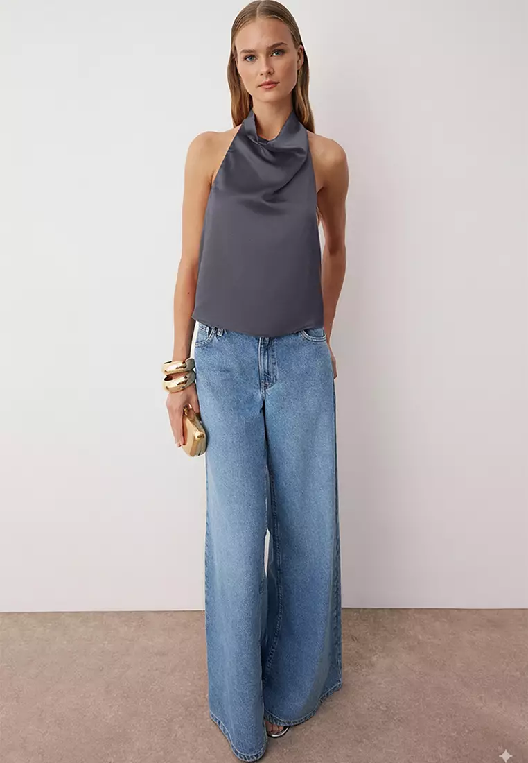 Anthracite Satin Degaje Party Blouse