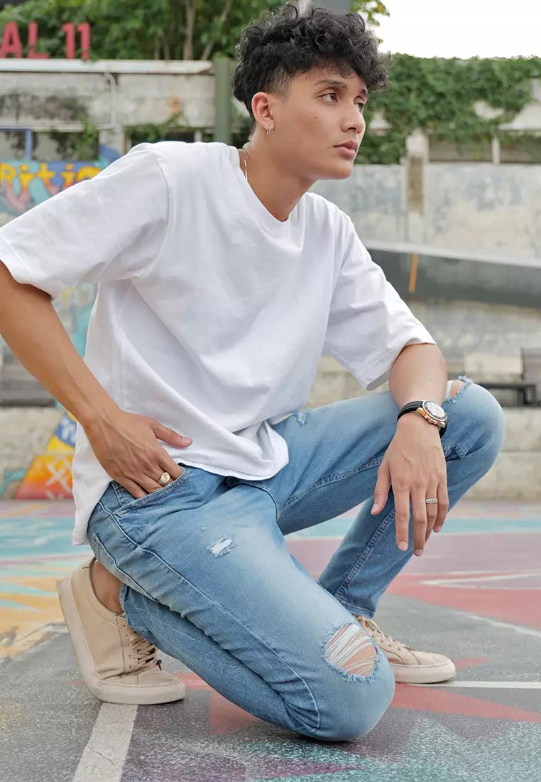 Skinny Ripped Jeans Stretch Mid Blue OXCON