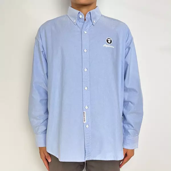 Kemeja AAPE NOW EMBROIDERY PATCH BLACK BLUE LONG SHIRT 100% ORIGINAL