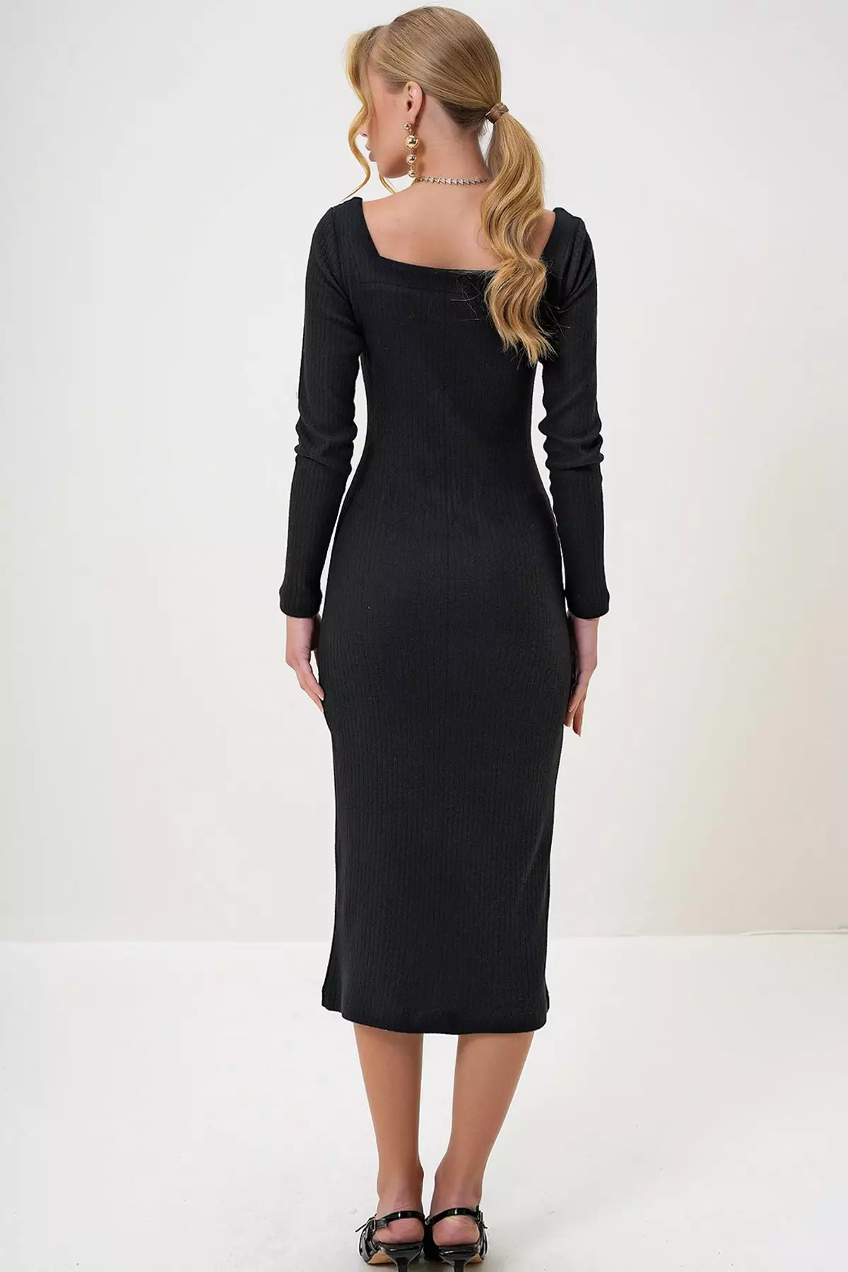 Women's Black Square Neck Long Sleeve Midi Length Interlock Fabric Dress