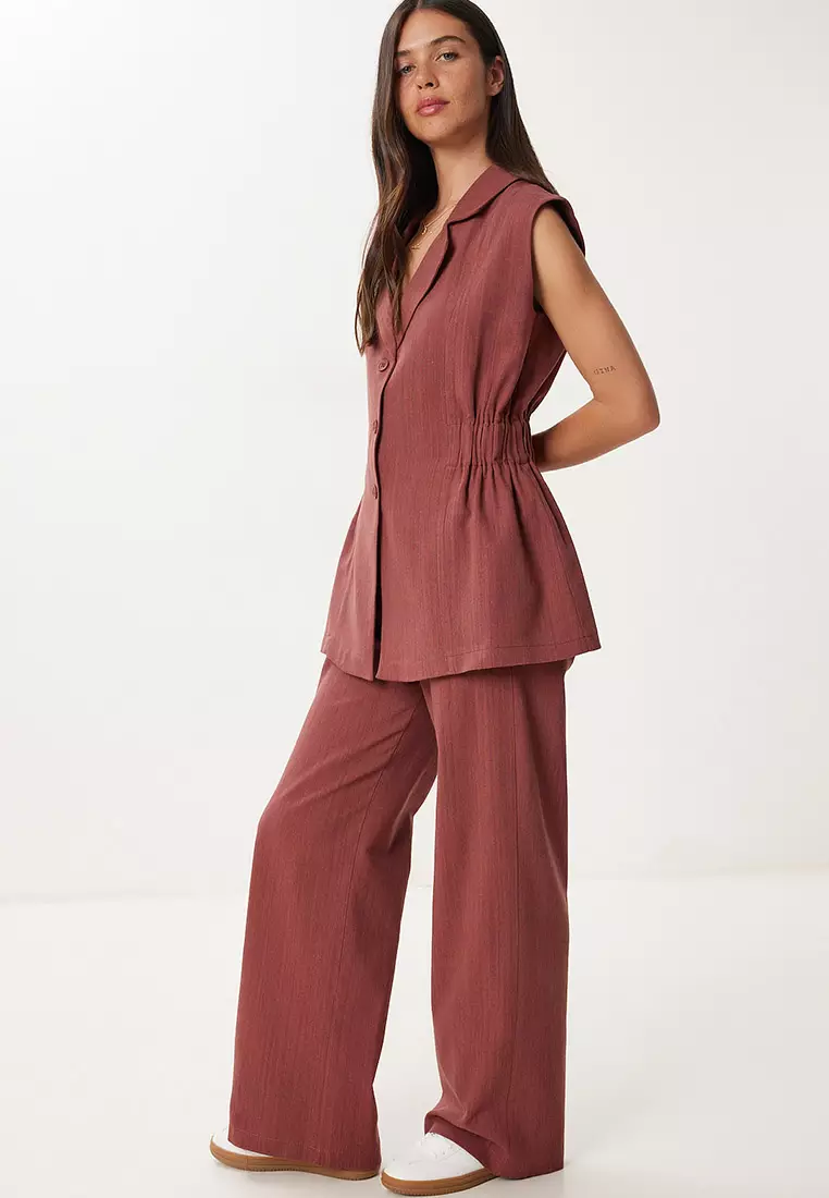 Women's Burgundy Linen Vest Pants Suit No00025