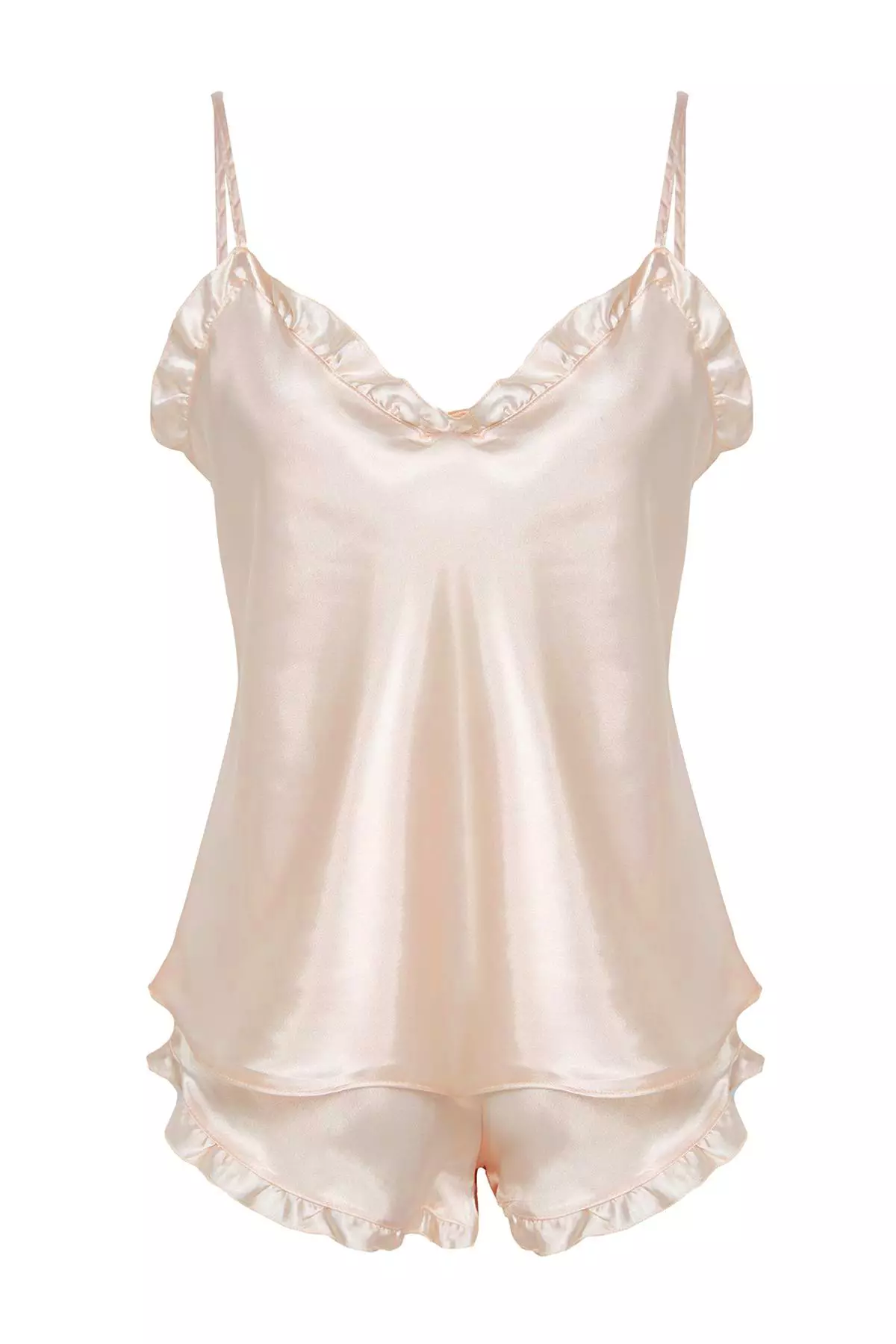 Ecru Frilled Rope Strap Satin Shorts Woven Pajama Set THMSS22PT0274