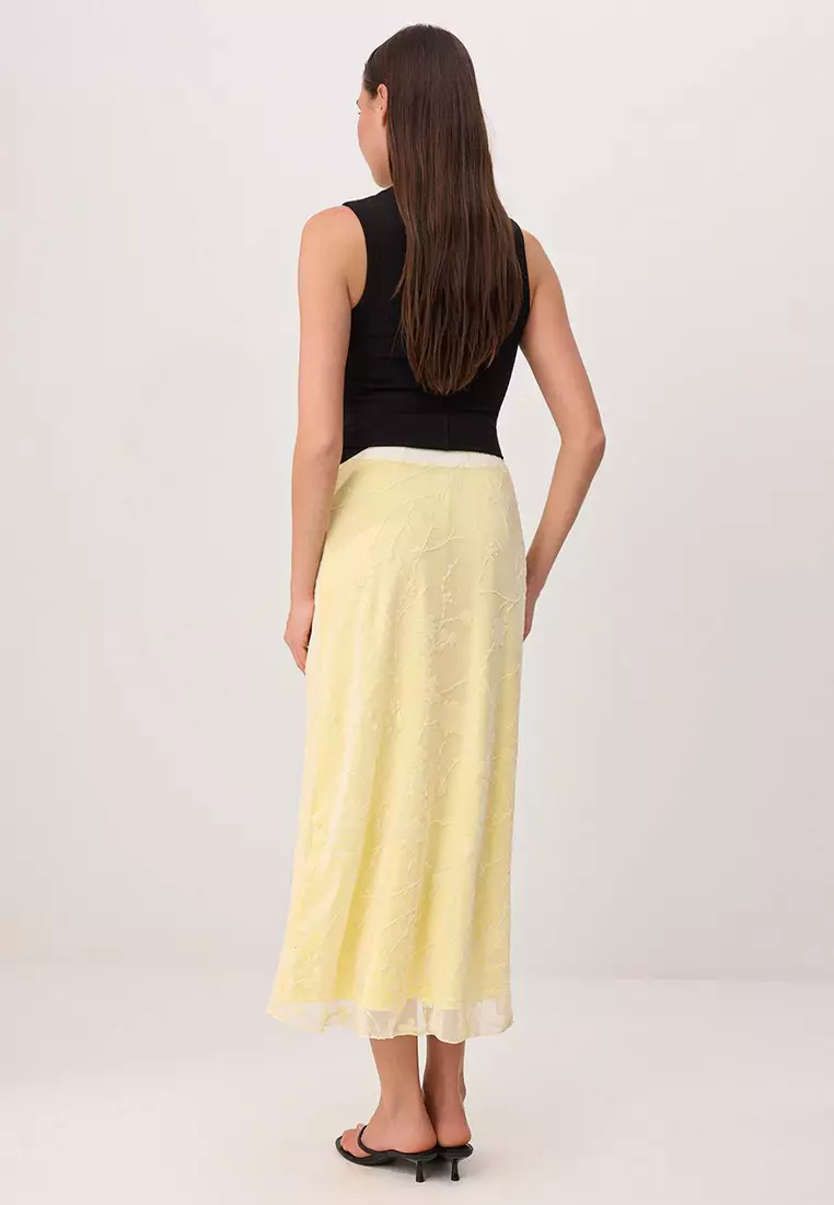 Yellow Flock Printed Pen Maxi/Long Tulle Flexible Knitted Skirt Twoaw26Et146