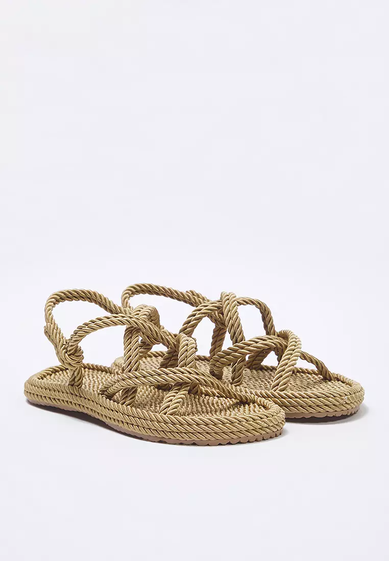 Camel Cross Strappy Rope Drawstring Women Straw Sandals Takss25Sd00056