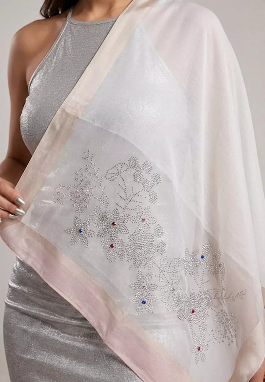 Aksesoris Syal Pesta Wanita Floral Pattern Studs Embellish Silk Shawl Syal Sutra Wanita Evening Shawl White