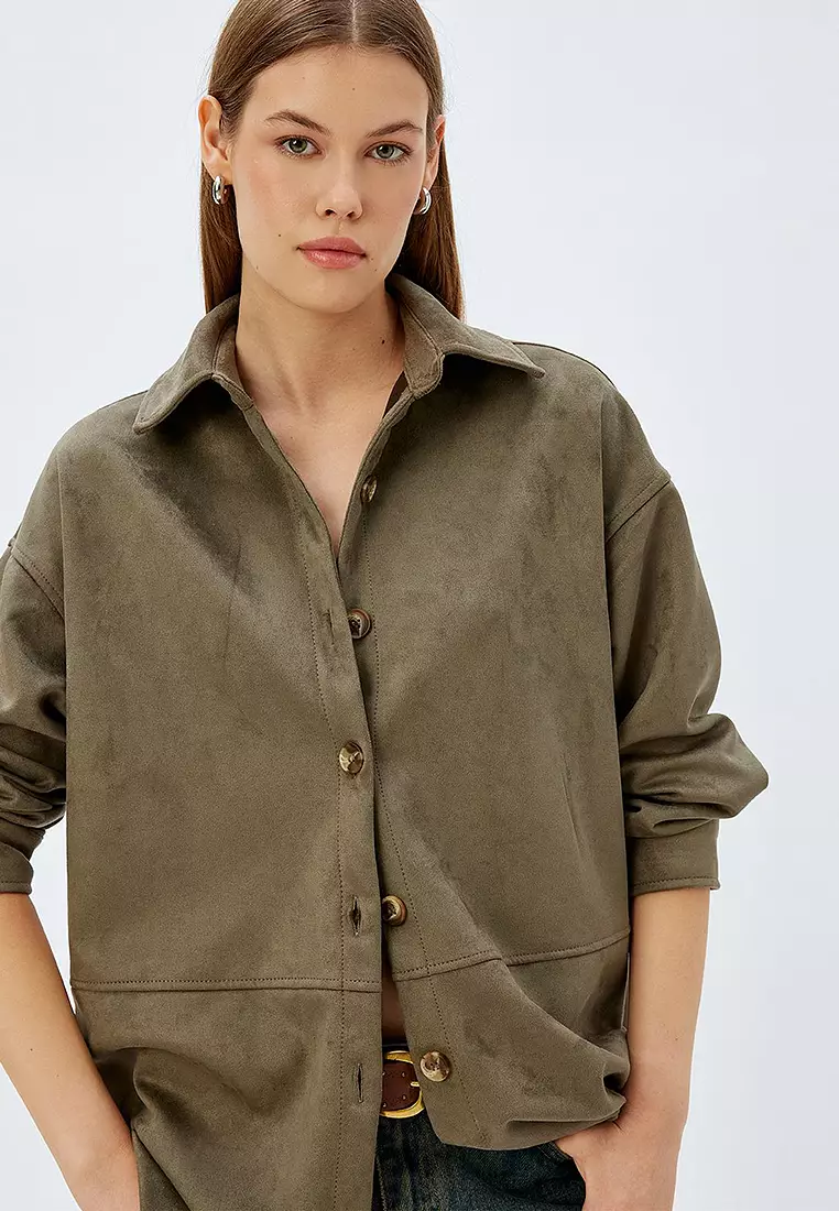 Long Sleeve Buttoned Faux Suede Shirt Jacket