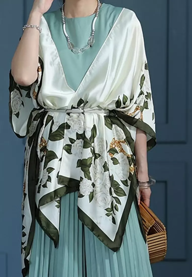 Aksesoris Wanita Garden Flowers Outer Syal Outer Wanita Dark Green & White