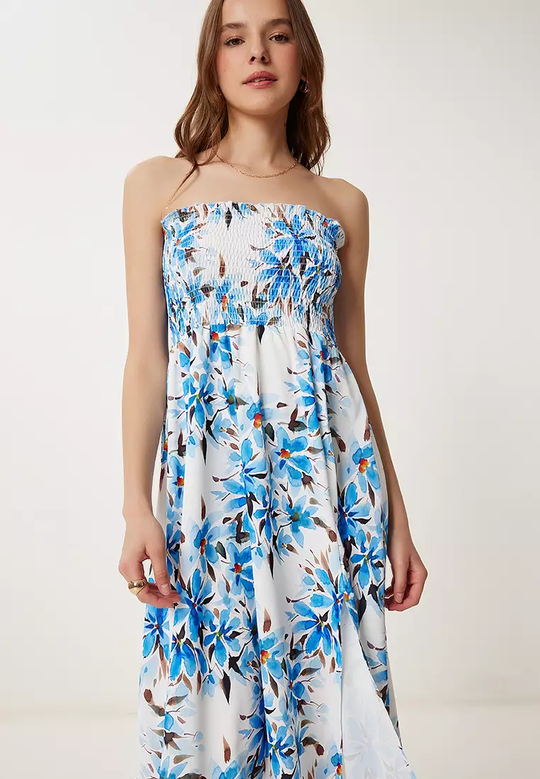 Women's Blue Bone Flower Pattern Strapless Woven Dress Jh00057