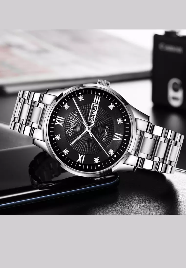 Jam Tangan Pria Original 9011 Anti Air Kuarsa Jam Pria Calendar Tali Stainless Steel Jam Tangan Cowok silverblack