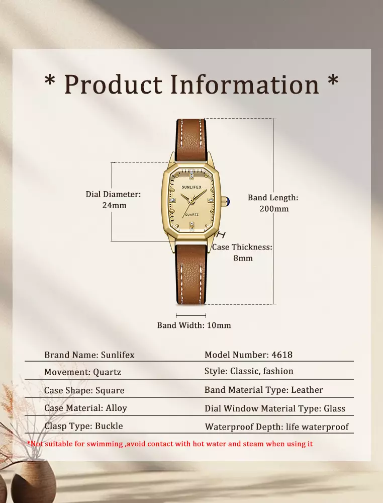 Jam Tangan Wanita Mode Tali Kulit Gaya retro Korea Berlian Jam Tangan Cewek brown white